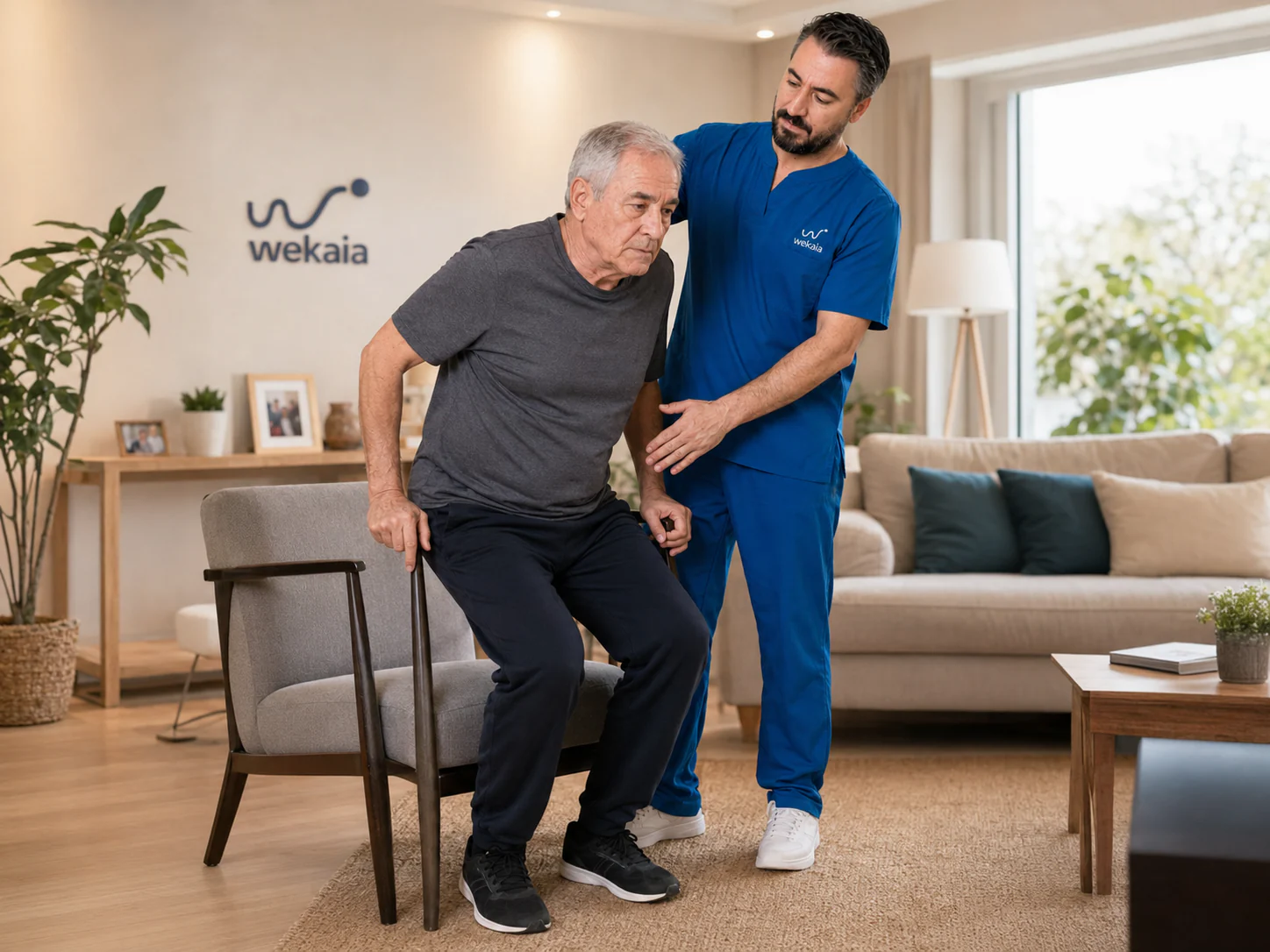 Wekaia physiotherapist helping an older patient stand safely at home